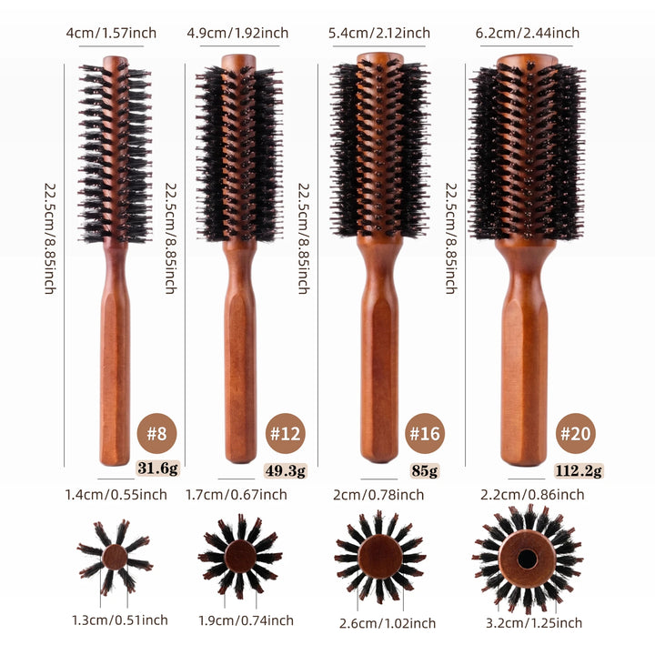 Professional 4 Sizes Boar Bristle Round Hair Brush Wooden Anti Slip Handle Salon Home Blow Dry Curling Volume Styling Brush