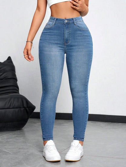 Plus size women's fashionable and versatile slim-fitting pure blue skinny jeans, stretch jeans, high waist and slim fit