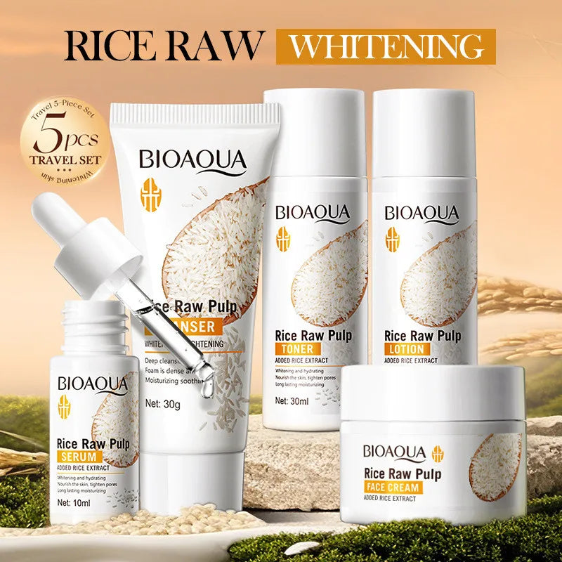 5pcs BIOAOUA Rice Raw Whitening Set Brighten Hydrating Moisturize Soothing Facial Cleanser+toner+essence+lotion+cream Skincare Halalzen
