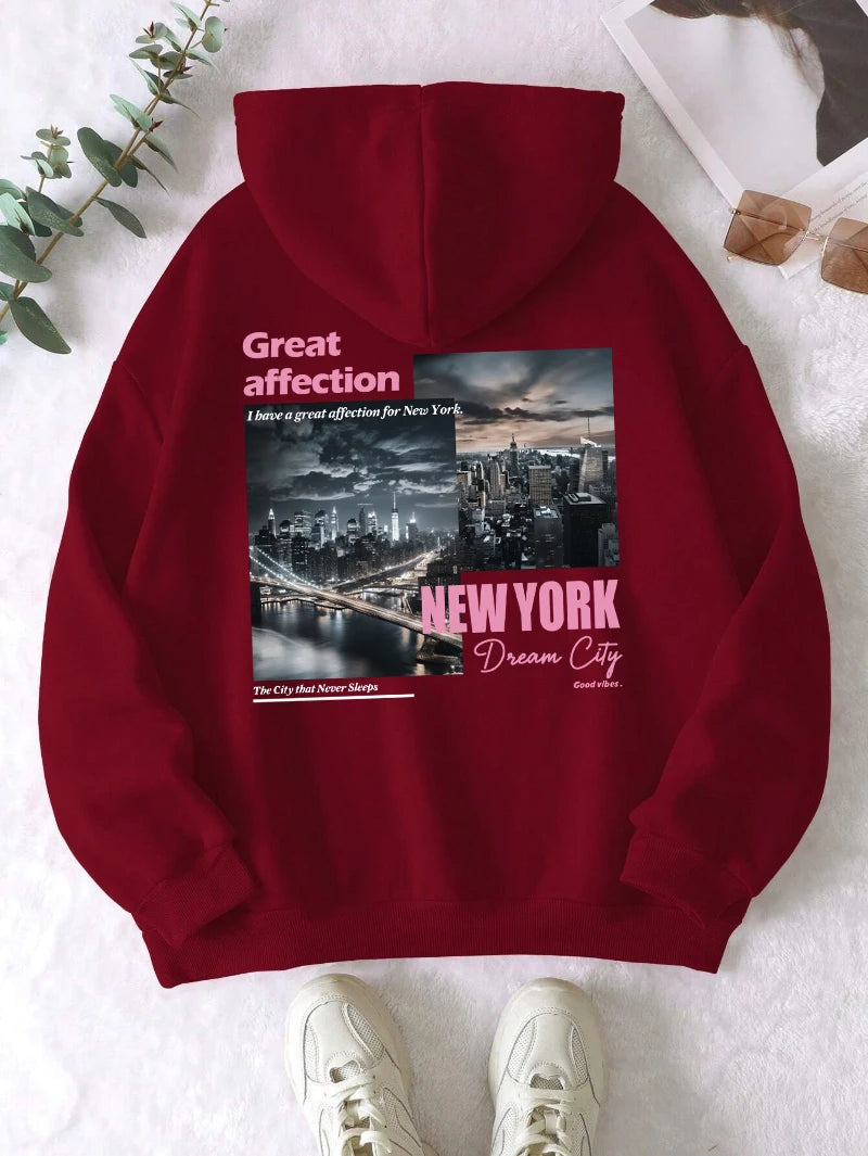 New York Dream City Printed Hoodies Casual Fashion Women Pullover Fleece Warm Pocket Sweatshirt Sporty Oversize Street Clothes