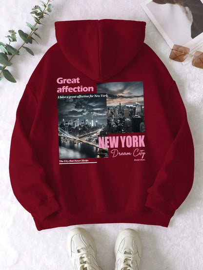 New York Dream City Printed Hoodies Casual Fashion Women Pullover Fleece Warm Pocket Sweatshirt Sporty Oversize Street Clothes