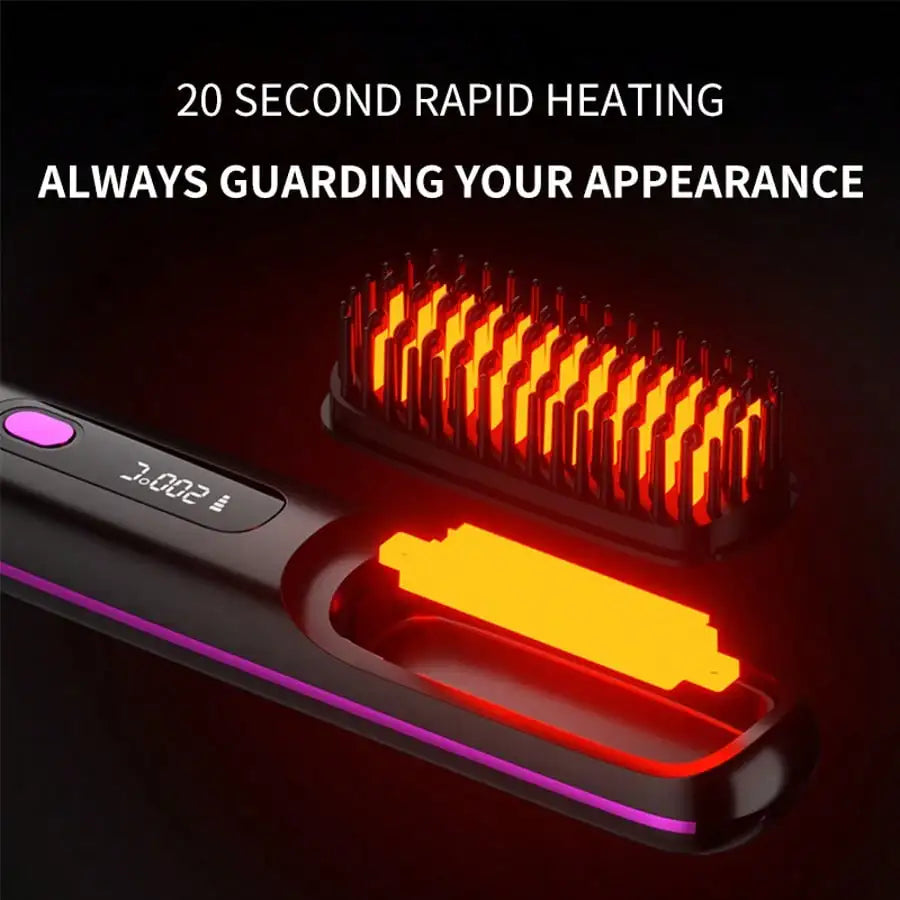 Portable Wireless Hair Straightener Comb, USB Rechargeable Straightening Brush with 3 Speed Temperature Control, Negative Ion Technology, LED Display, Lightweight Travel Hair Straightener with Comb and Clip Included