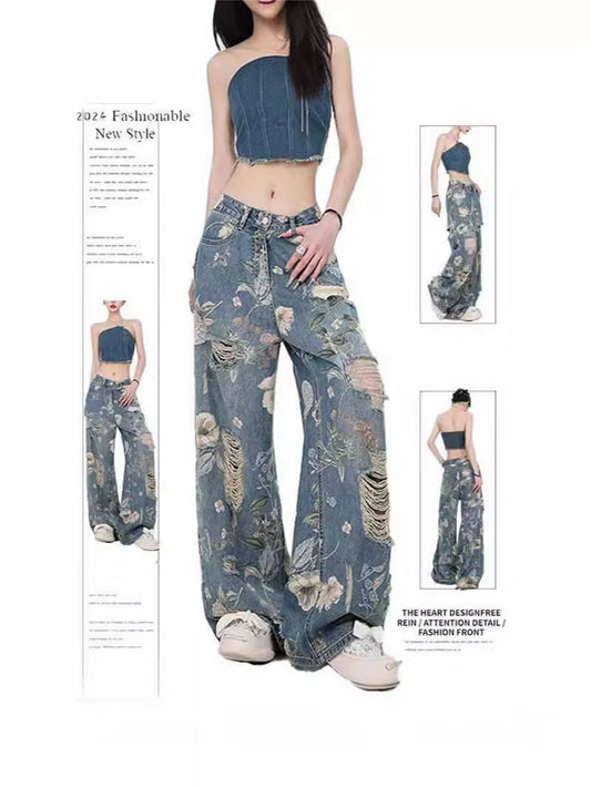 Y2K Women's Vintage Floral Print Distressed Wide Leg Jeans With Buckle Belt Streetwear Casual Denim Pants