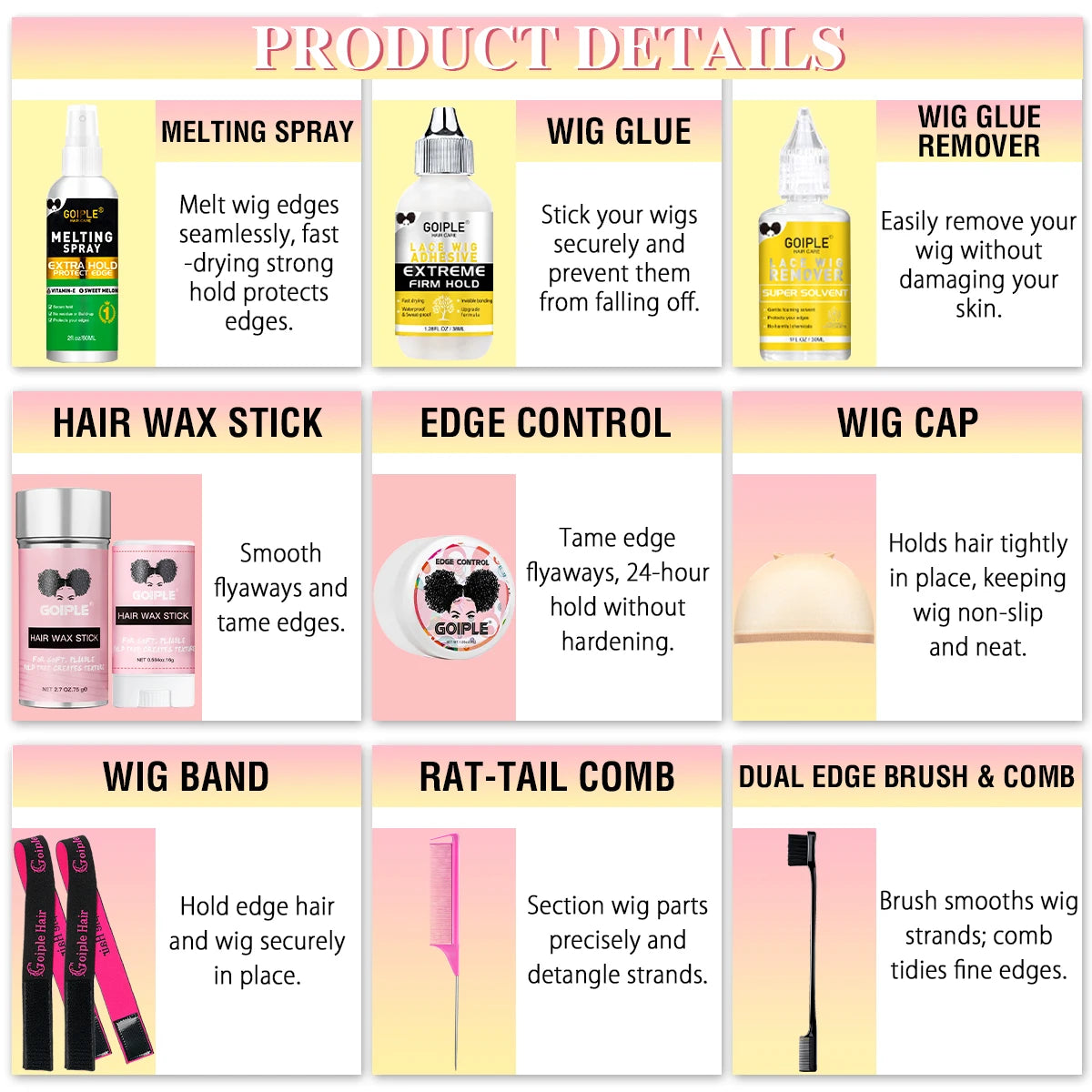 GOIPLE Lace Wig Installation Kit with Electric Hot Comb, Ionic Hot Comb for Wigs, Strong Hold Lace Wig Glue, Adhesive Remover, Melting Spray, Wax Stick & Edge Control Set