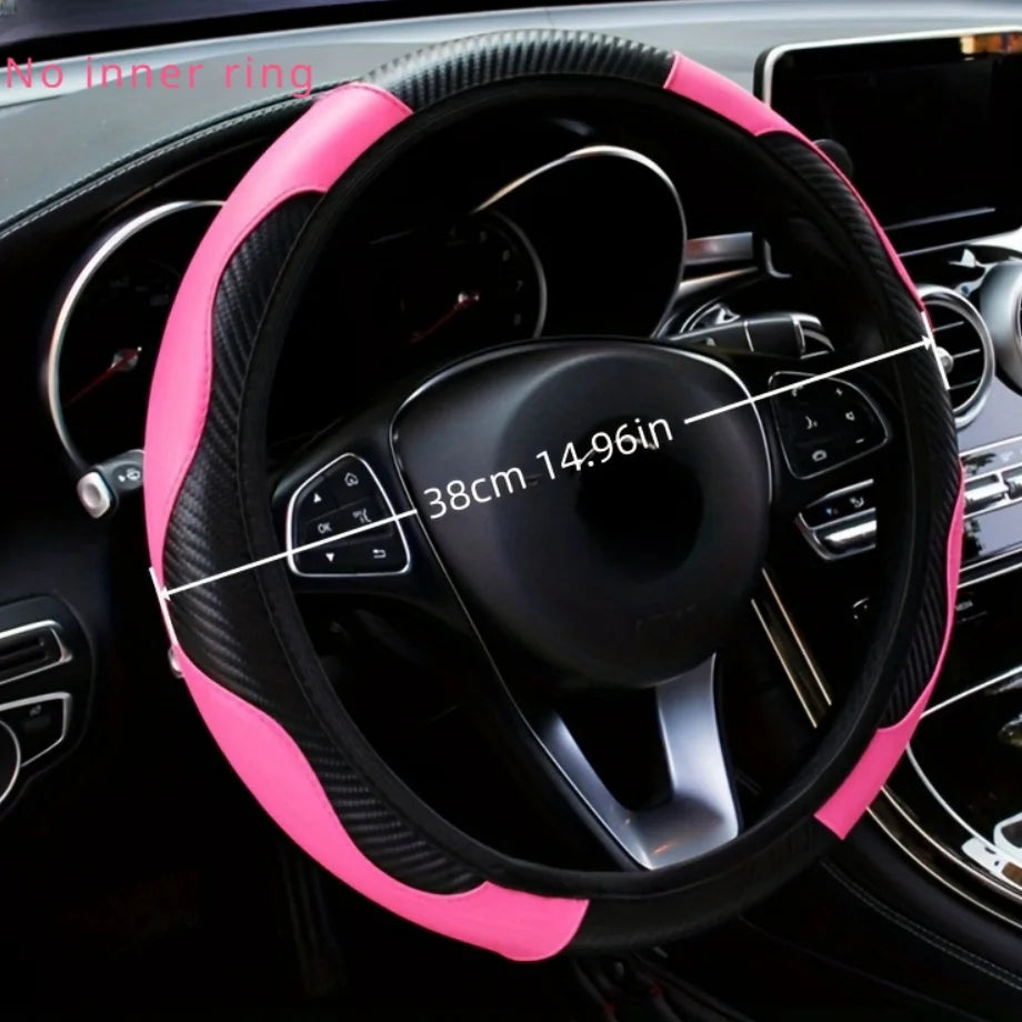 Carbon fiber pattern PU leather steering wheel cover with no inner ring design, full elasticity, anti slip and wear-resistant, m