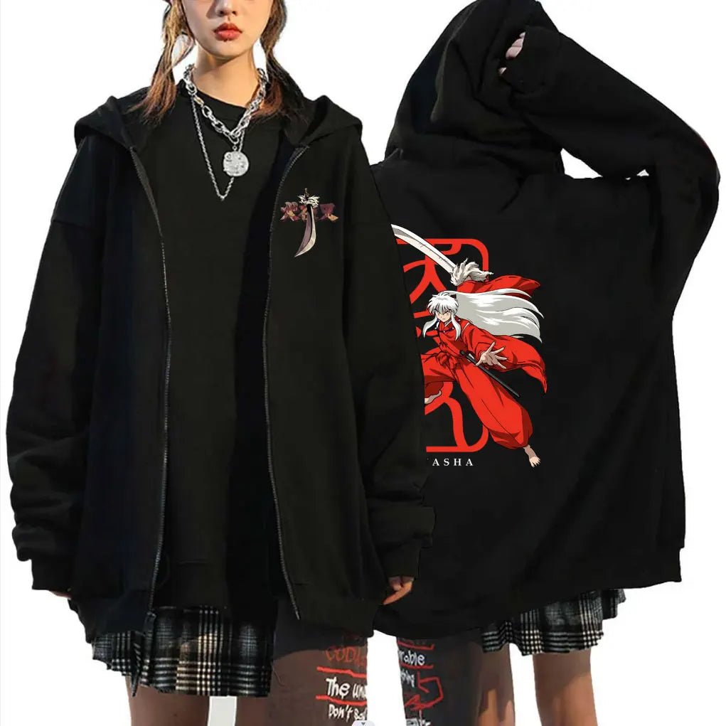 Japanese Anime Inuyasha Graphic Zipper Hoodie Unisex Manga Casual Zip Up Sweatshirt Men Women's Fashion Oversized Jacket Coat