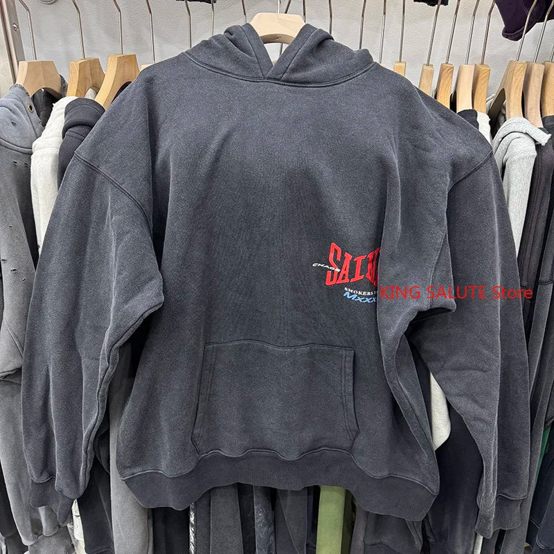 High Quality Saint Winter Cotton SMOKERS FANTASY Letter Printed Washed Vintage Casual Hoodies Men