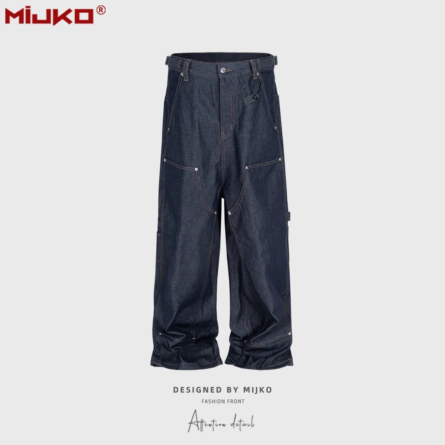 MIJKO Straight Blue Jeans Workwear Multi Pocket Embroidery Original Cow Trousers Comfortable Silhouette for Men and Women HALALZEN