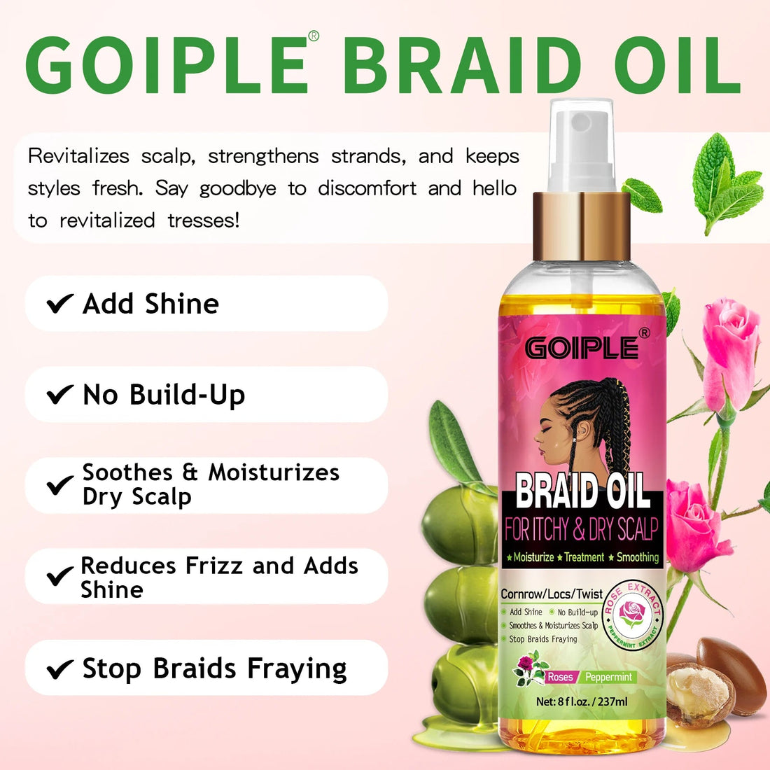 GOIPLE Natural Rose Extract Braid Oil For Itchy Dry Scalp Cornrow Locs Twist Add Shine Smoothes Moisturizes Hair Care Oil Halalzen