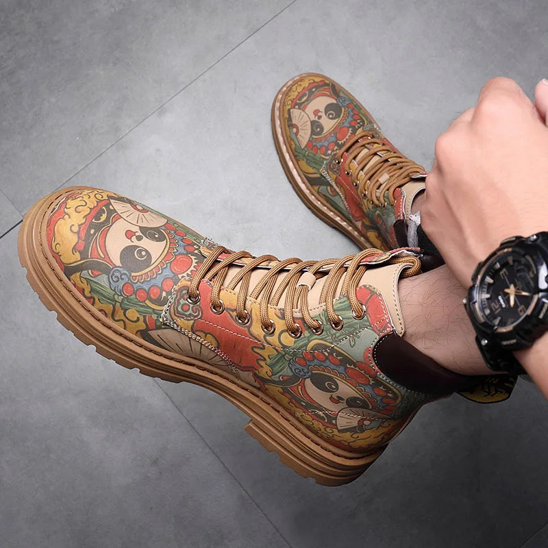 Chinese national treasure Panda Graffiti men's boots Leather casual punk cowboy motorcycle big yellow boots fashion boots