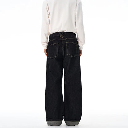 2025 autumn fashion original color straight leg rolled edge jeans for men, loose and versatile Japanese style long pants