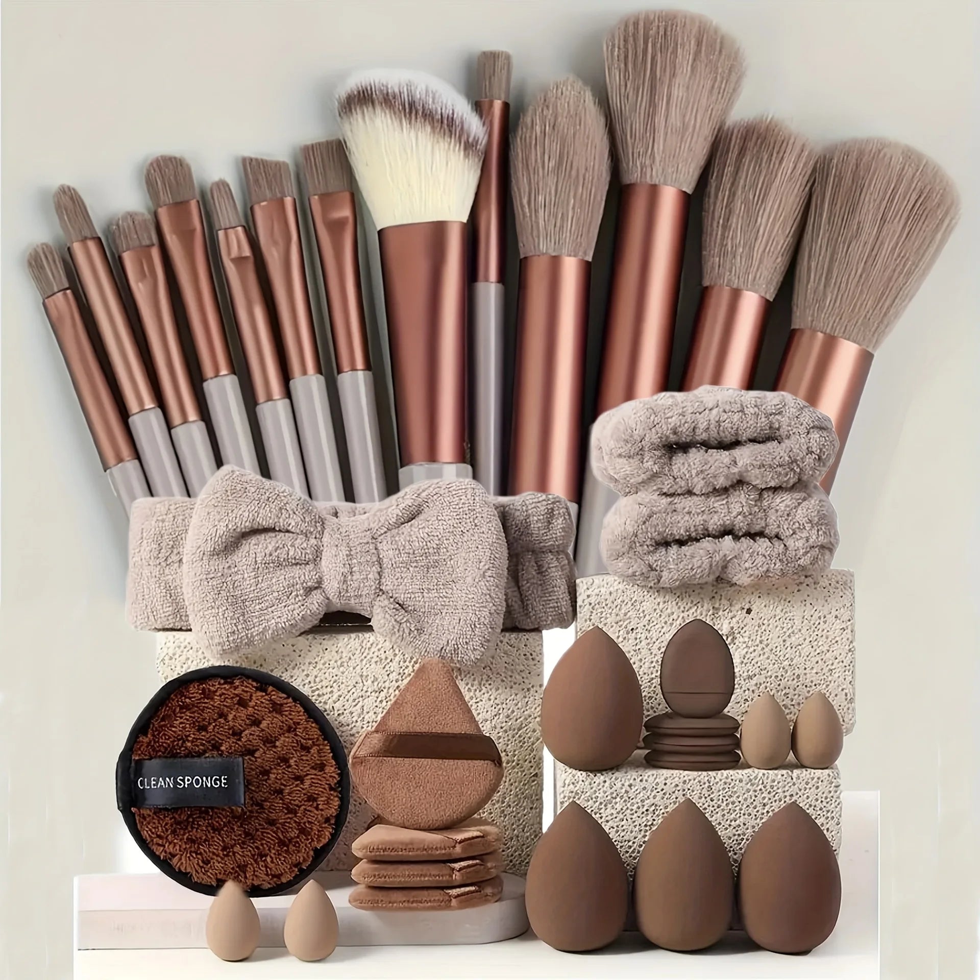 20/40Pcs Makeup Brushes and Sponges Set, Brown Makeup Puff, Beauty Egg, Headband, Wristband Remover Kit, Makeup Tool, Gift, Halalzen