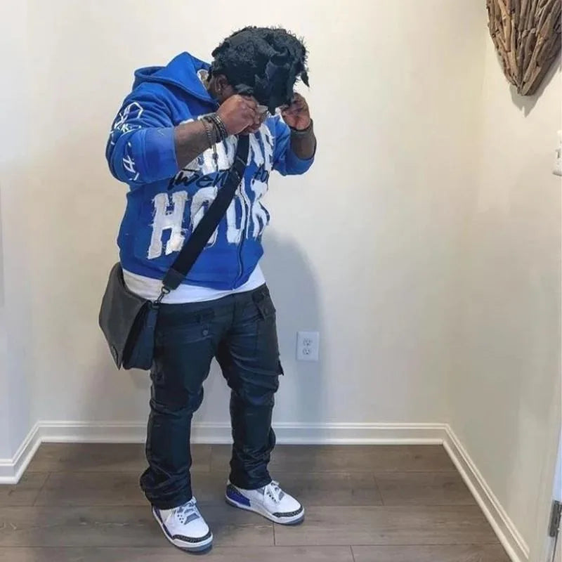 Letter Hoodie for Men Women, Graphic Hoodies for Men Y2k Hoodie Aesthetic Hoodies Sweatshirt Jacket Fall Goth Grunge Blue Hooded