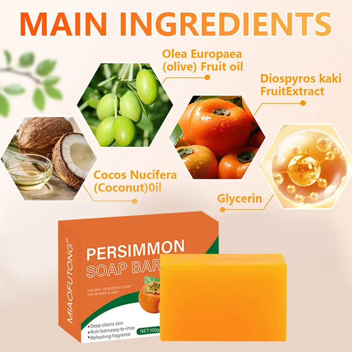 100g Persimmon Soap Bar Natural Deodorant Soaps Handmade Persimmon Green Tea Soap for Face and Body Wash Deep Cleansing Remove Body Sweat Odor Grease Odor Refreshing Fragrance