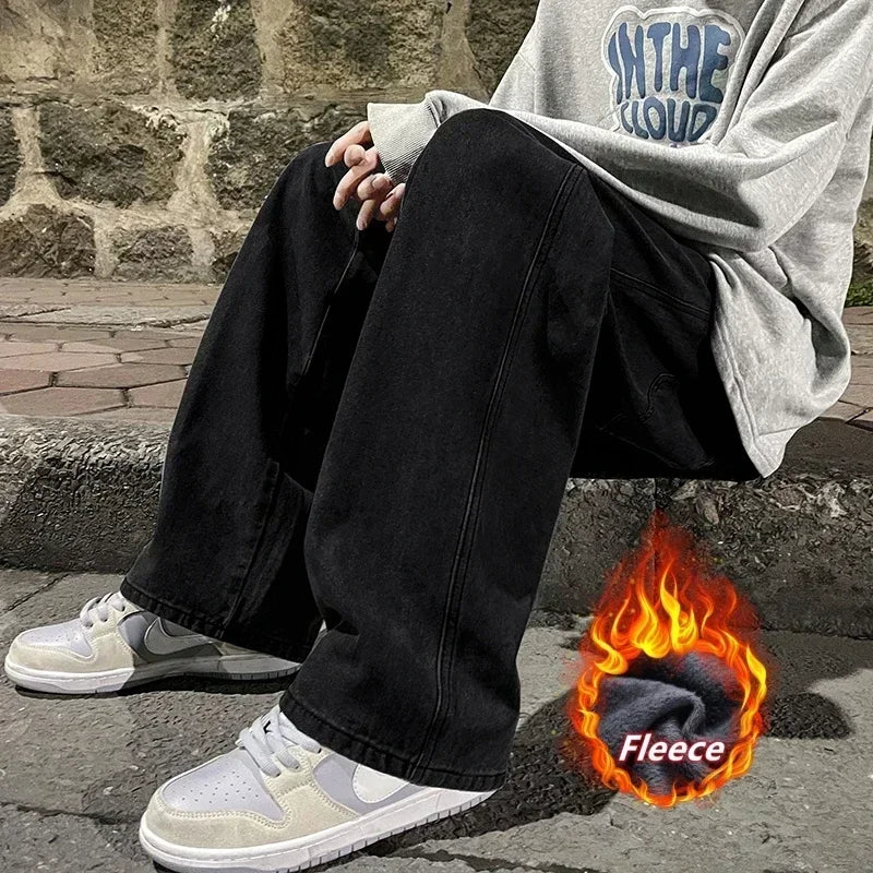 Winter Fleece Loose Jeans,  Loose Straight Velvet Warm and Comfortable Elastic Waist Wide Leg Pants Brand Men's Clothing