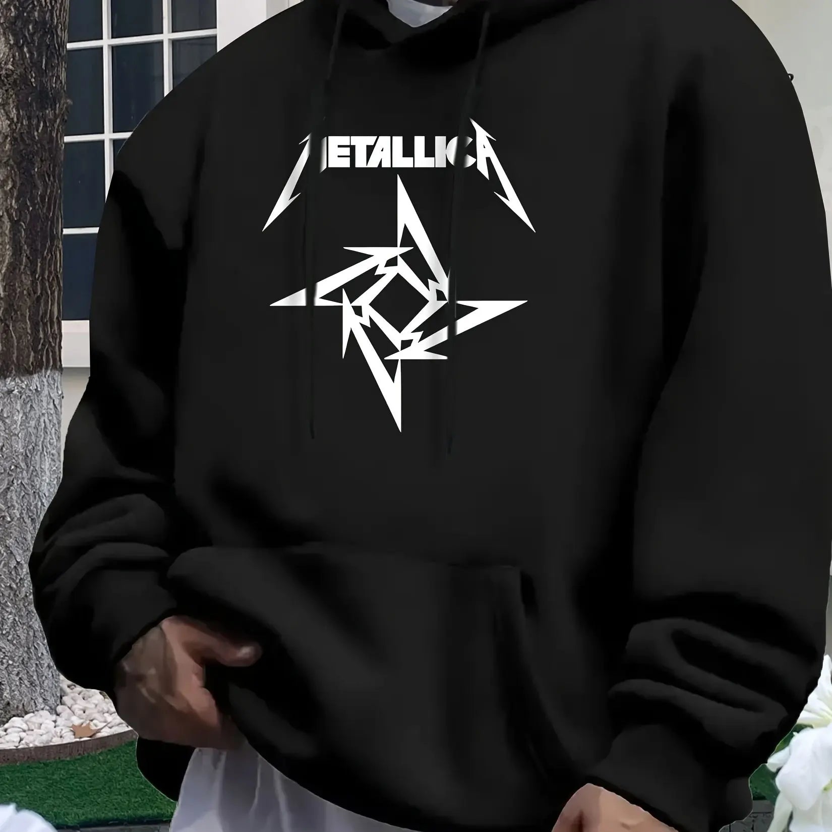 Men'S Metallic Star Print Hoodie - Casual Blue Sweatshirt with "METALLIC" Design, All-Season Comfort, Regular Fit, Casual Wear