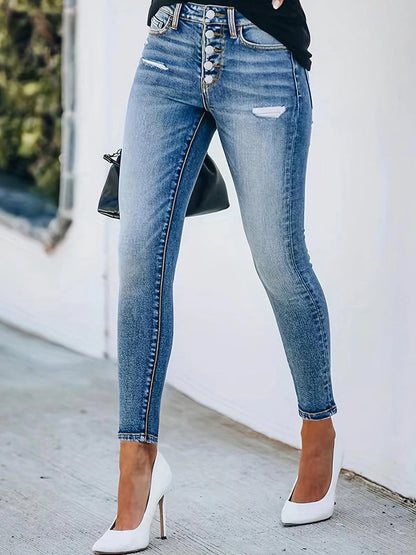 Women's High Waisted Elastic Perforated Single Breasted Washed Slim Fit Jeans with Slanted Pockets, Fashionable Casual Jeans, Ma