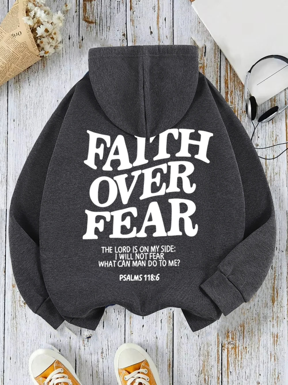 Casual Women's Hoodies Faith Over Fear Letter Printing Sweatshirts Fleece Warm Comfortable Pocket Pullovers Autumn Streetwear