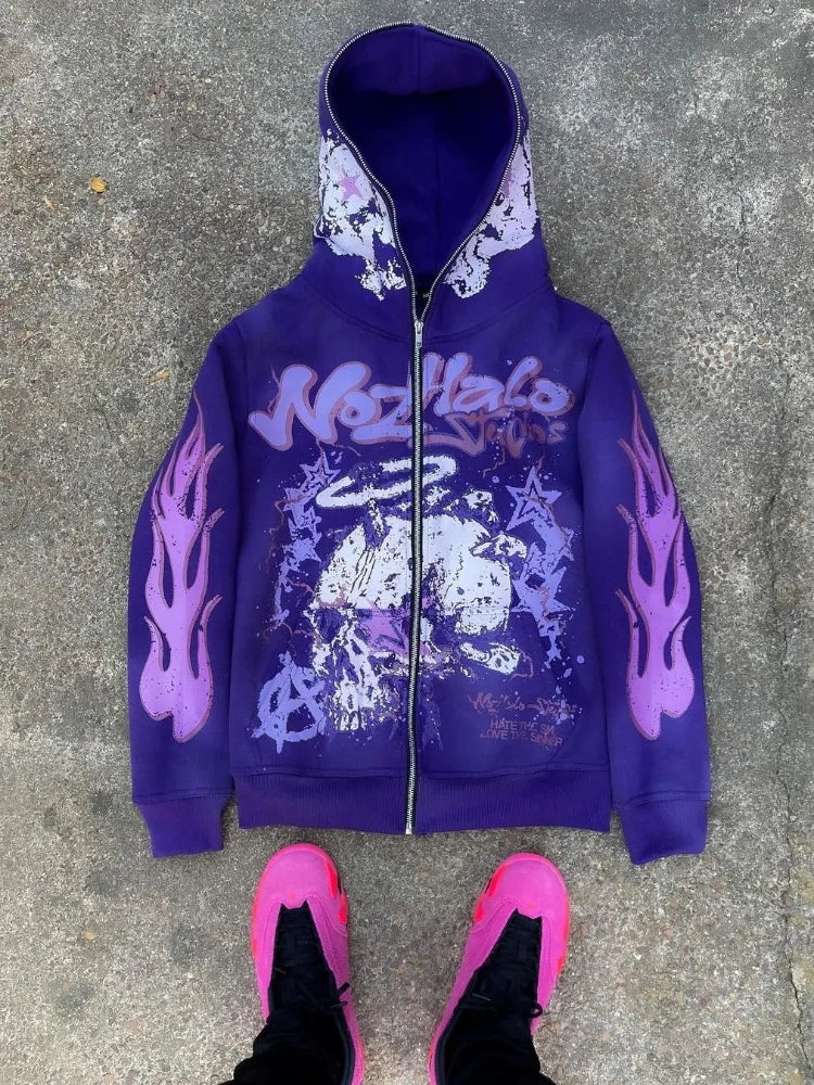 American retro Harajuku street dark hip-hop high street cartoon print zipper hoodie loose hoodie street trendsetters loose trend HALALZEN