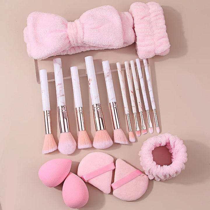 17PCS Pink makeup brush set, multi-functional facial brush + soft hair band wrist strap + fine sponge egg triangular powder puff Halalzen