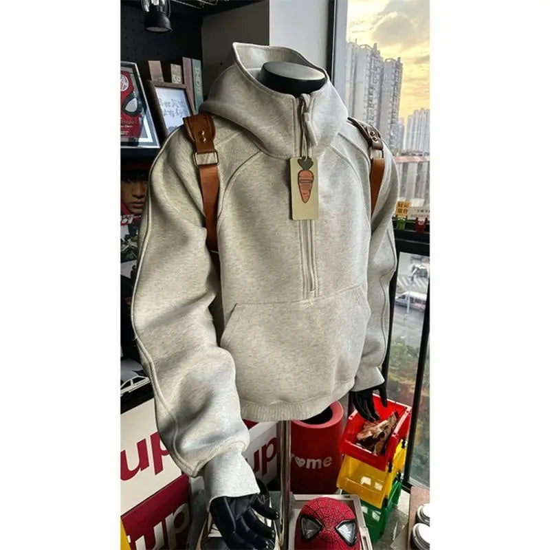 American Half-zipper Stand-up Collar Sweatshirt for Men's Fashion Brand Handsome Three-dimensional Hoodie