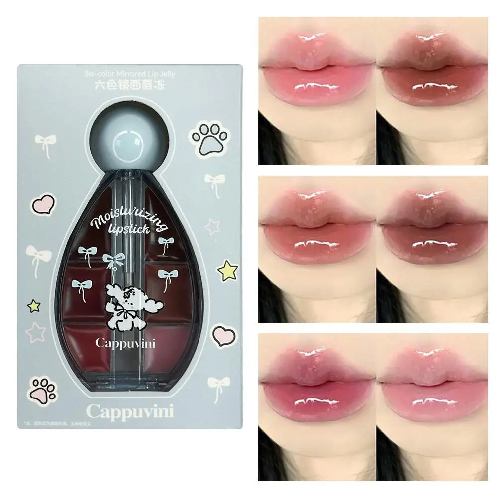 1/2PCS Six-color Strawberry Mirror Jelly Lipstick Palette Juicy Pink Solid Lip Gloss Set Moisturizing Lip Oil Tint with Silicone