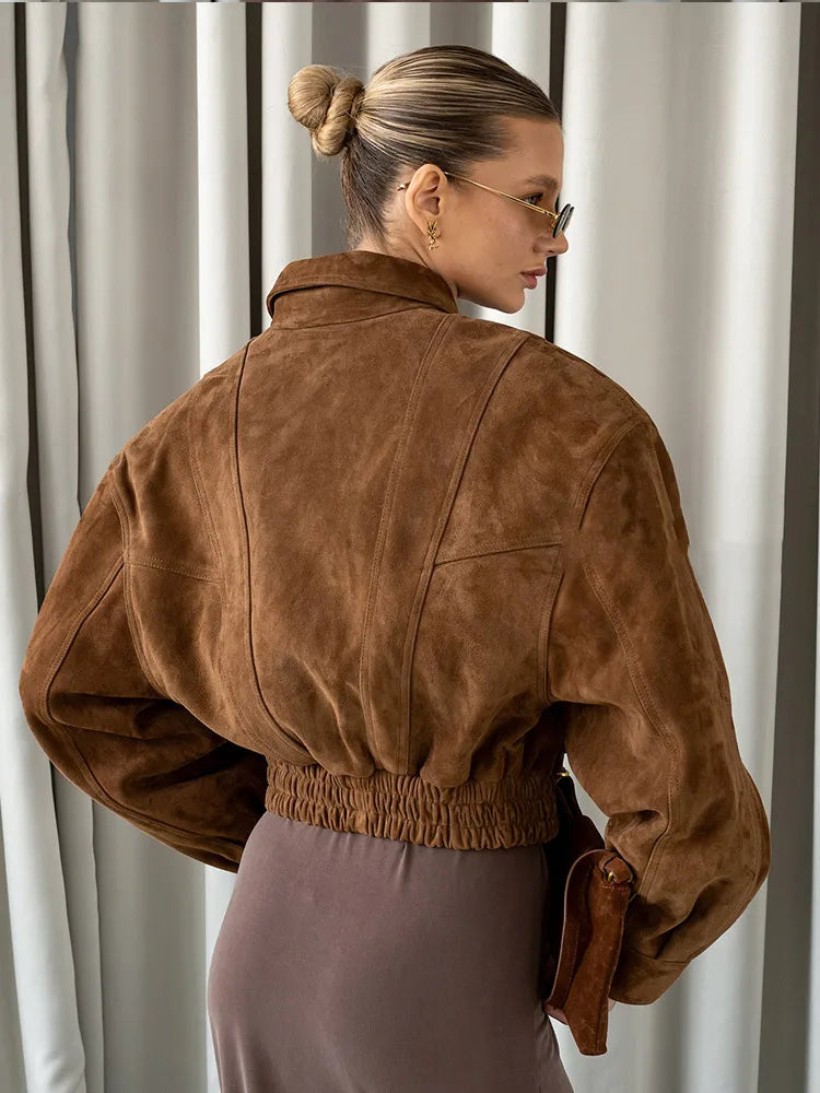 Women Camel Cropped Suede Jacket Elegant Lapel Full Sleeve Pocket Zipper Short Coat New Causal Autumn Lady Daily Streetwear 2025