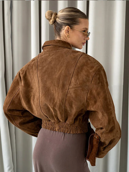 Women Camel Cropped Suede Jacket Elegant Lapel Full Sleeve Pocket Zipper Short Coat New Causal Autumn Lady Daily Streetwear 2025
