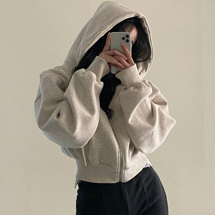 Korean Hood Shirt Women Fashion Fleece Lined Loose Hoodies Zipper Long Sleeve Crop Tops Harajuku Female Jackets Coats Sweatshirt