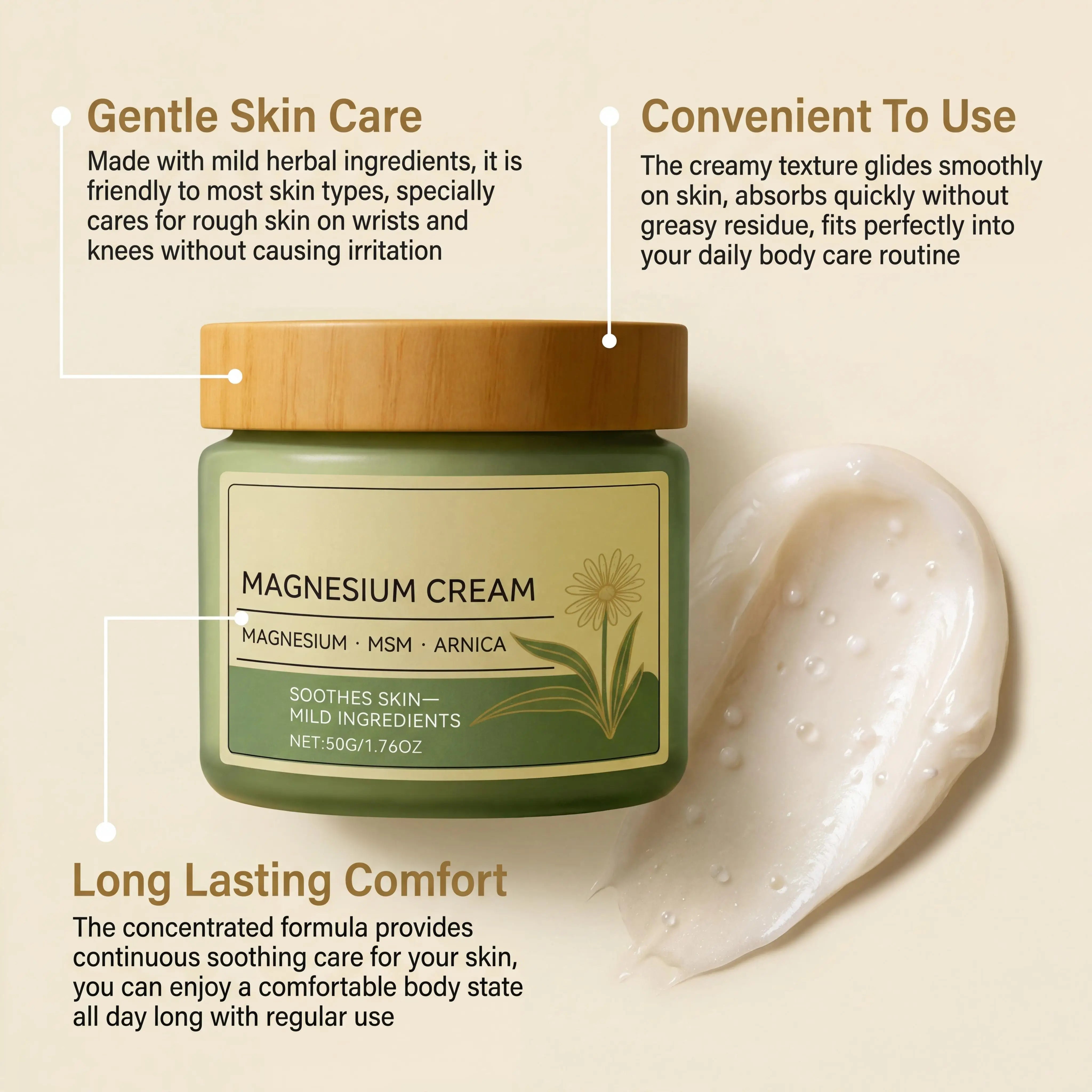 Soothing Magnesium Cream Total Relief Muscle Pains Soothe Nerves Fast-Absorb Non-Greasy Daily Body Care Cream With Msm & Arnica