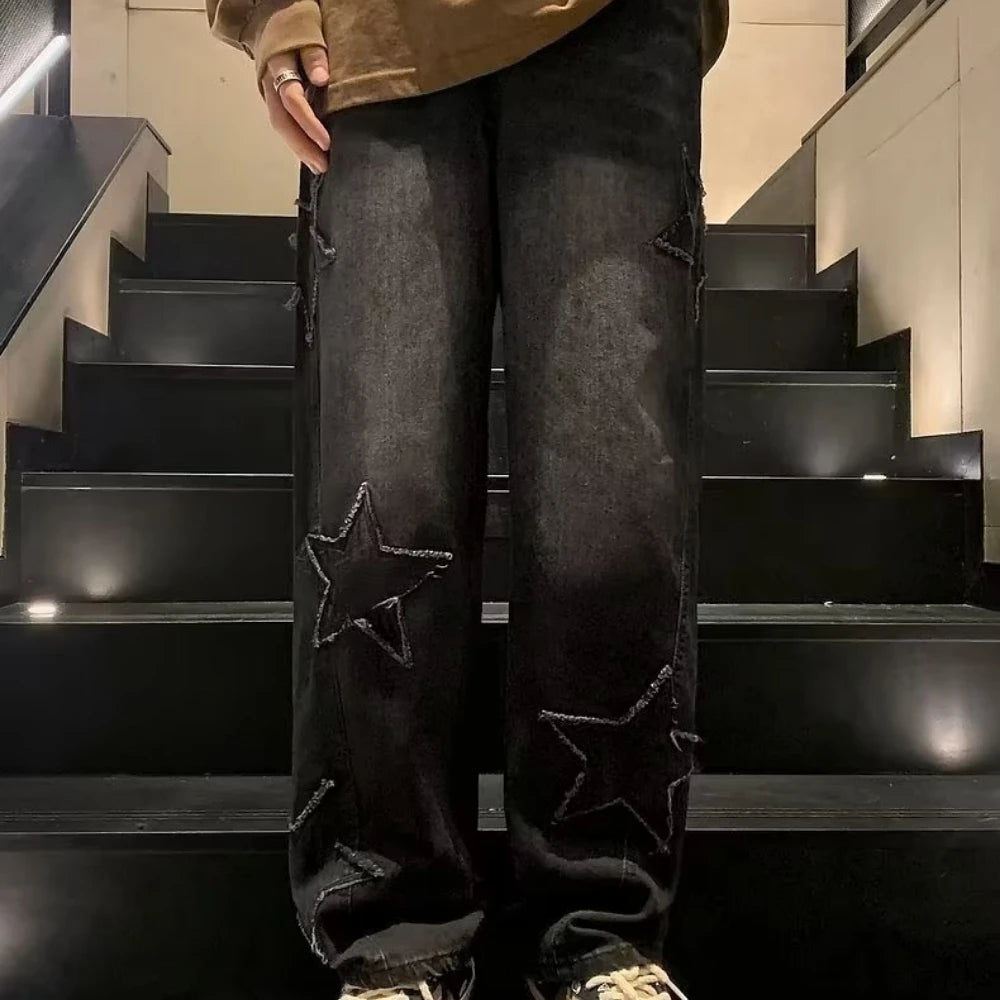 Star Embroidery Straight Casual Men Jeans Neutral Wide Leg Loose Hip-hop Fashion Youth Streetwear Denim Trousers Y2K pants men