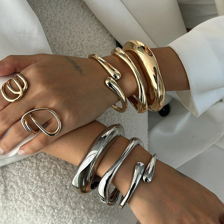 Conjunto de 3/6 pulseras abiertas exageradas de estilo antiguo y minimalista para mujer, brazalete de metal asimétrico con forma de gota de agua y serpiente, joyería de lujo