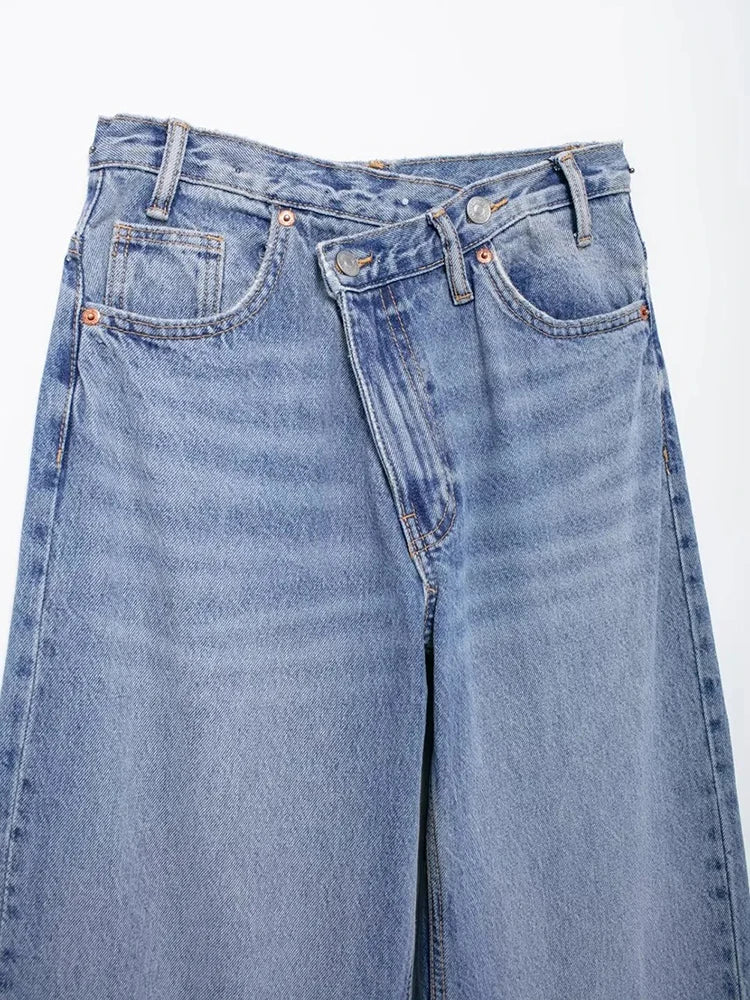 Women's Basic Hundred Jeans New Fashion Asymmetric Design High Waist Wide Leg Trousers Casual Women's Straight Leg Jeans