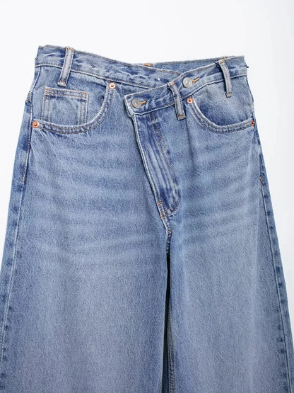Women's Basic Hundred Jeans New Fashion Asymmetric Design High Waist Wide Leg Trousers Casual Women's Straight Leg Jeans