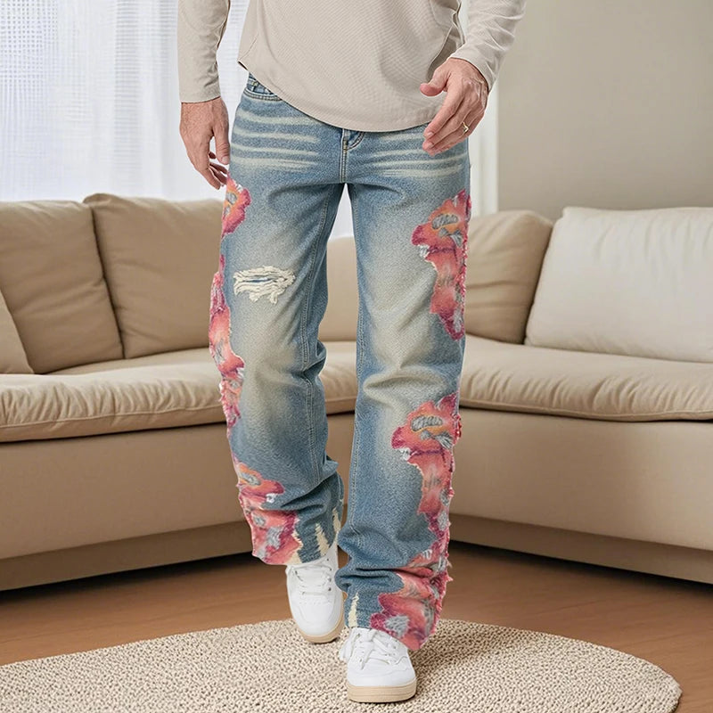 Men s Distressed Patchwork Denim Jeans with Pockets for Spring and Fall Fashion Casual Wear