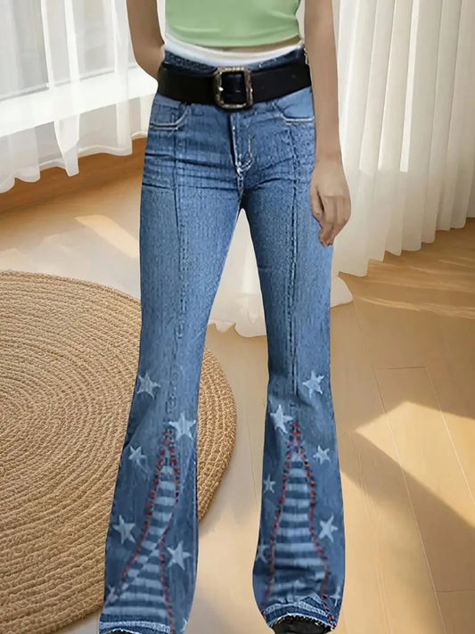 【HME】Women's high-waisted jeans, blue striped women's printed flared pants, buttoned star-printed jeans, fitted flared jeans