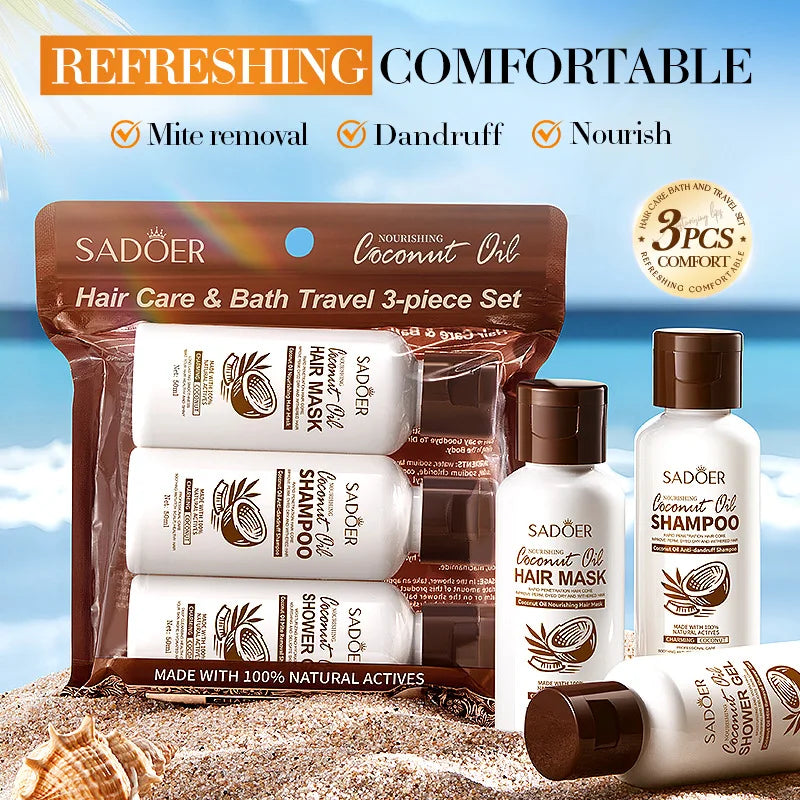 SADOER Coconut 3 In 1 Hair Mask Shampoo Body Wash Shower Gel Kit Repair Dry Damaged Smooth Moisturizing Treatments Sets for Hair Halalzen