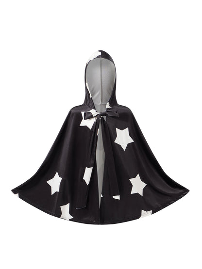 Kids Halloween Witch Cape Costume with Classic Star Pattern and Hooded Wizard Cape for Cosplay Outfit Fun and Magic Theme