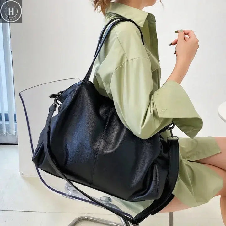 Big Black Shoulder Bags for Women Large Hobo Shopper Bag Solid Color Quality Soft Leather Crossbody Handbag Lady Travel Tote Bag HALALZEN