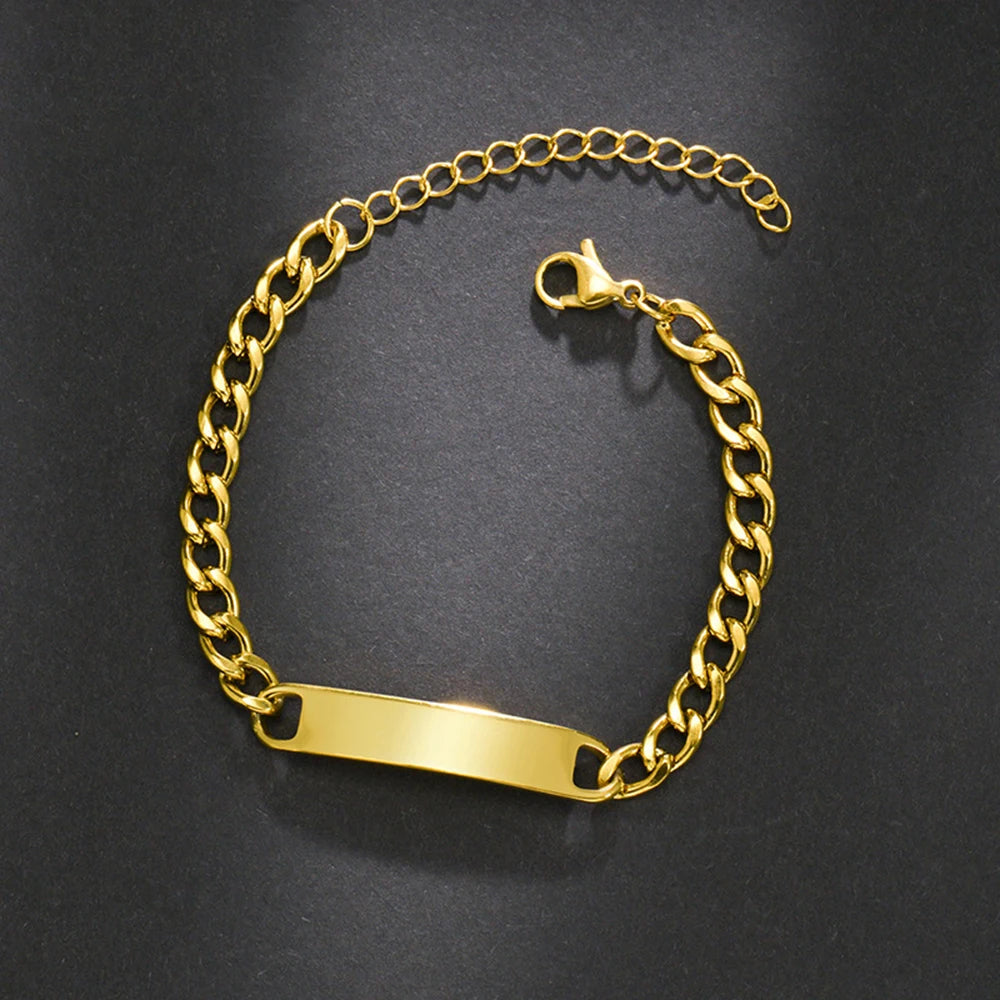 Custom Logo Name Engrave Bracelet Personalized Nameplate Stainless Steel Thick Hand Chain Custom Couple Men Women Jewelry Gift