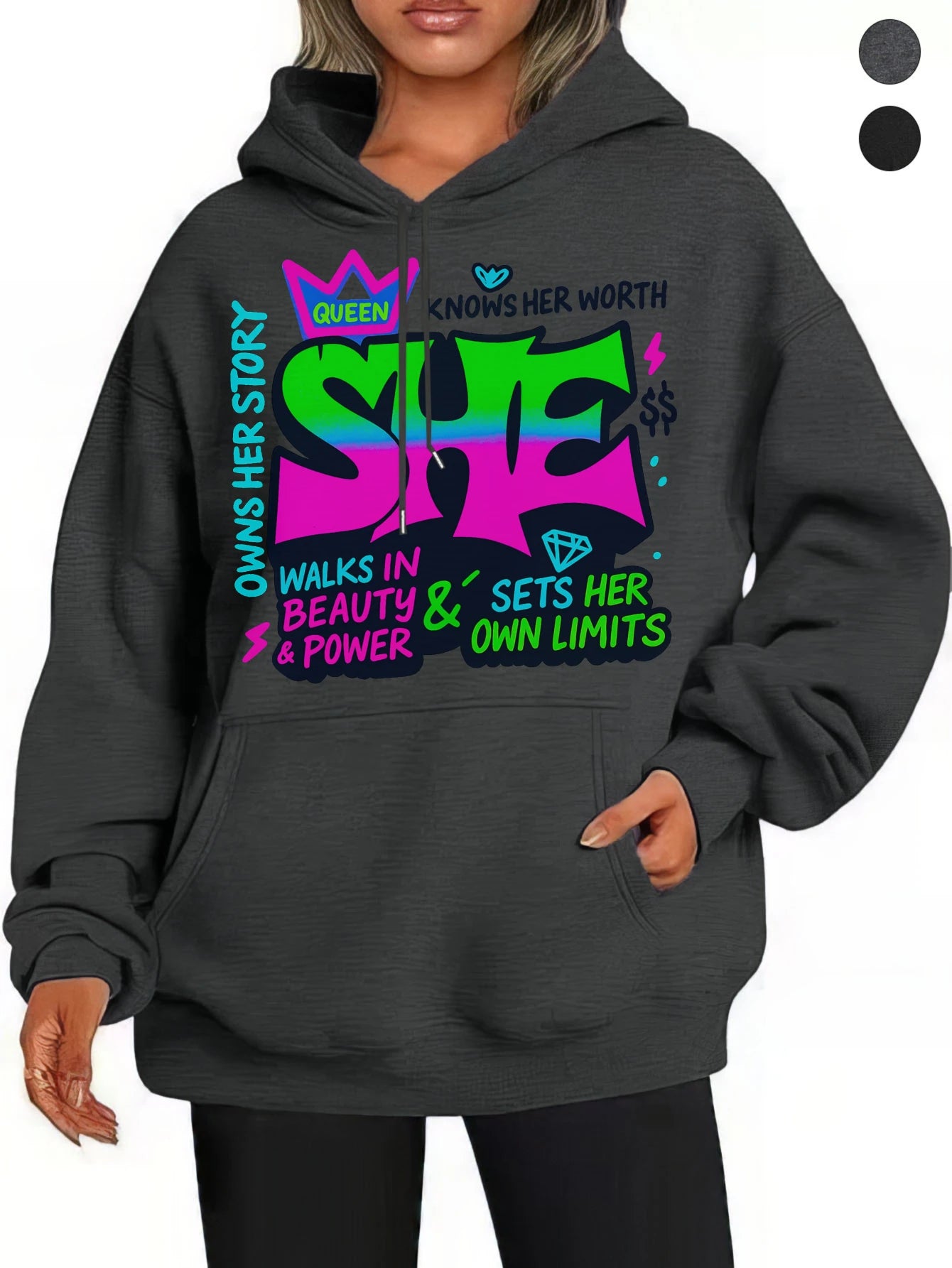 She motivational Women’s Loose Fit Black Gray Hoodies Soft Cotton for Fall/Winter Halloween Thanksgiving Comfort