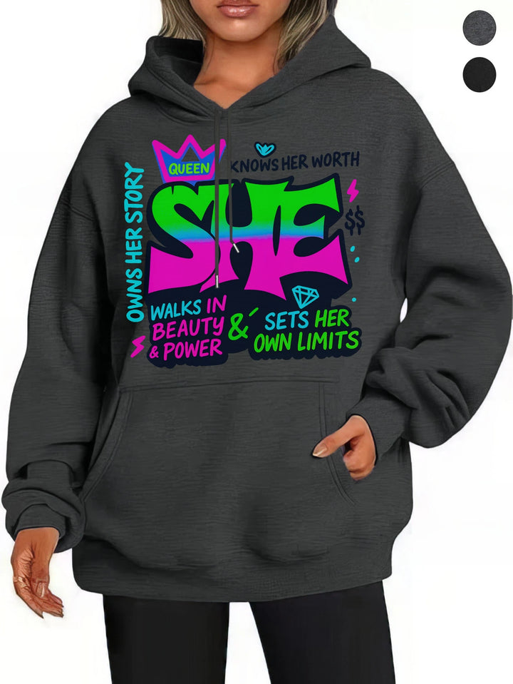 She motivational Women’s Loose Fit Black Gray Hoodies Soft Cotton for Fall/Winter Halloween Thanksgiving Comfort