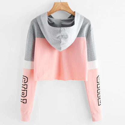 Women Sexy Cropped Hoodies Long Sleeve Letter Printed Drawstring Hooded Pullover Tops Girls Basic Crop Tops Y2k Clothes Women