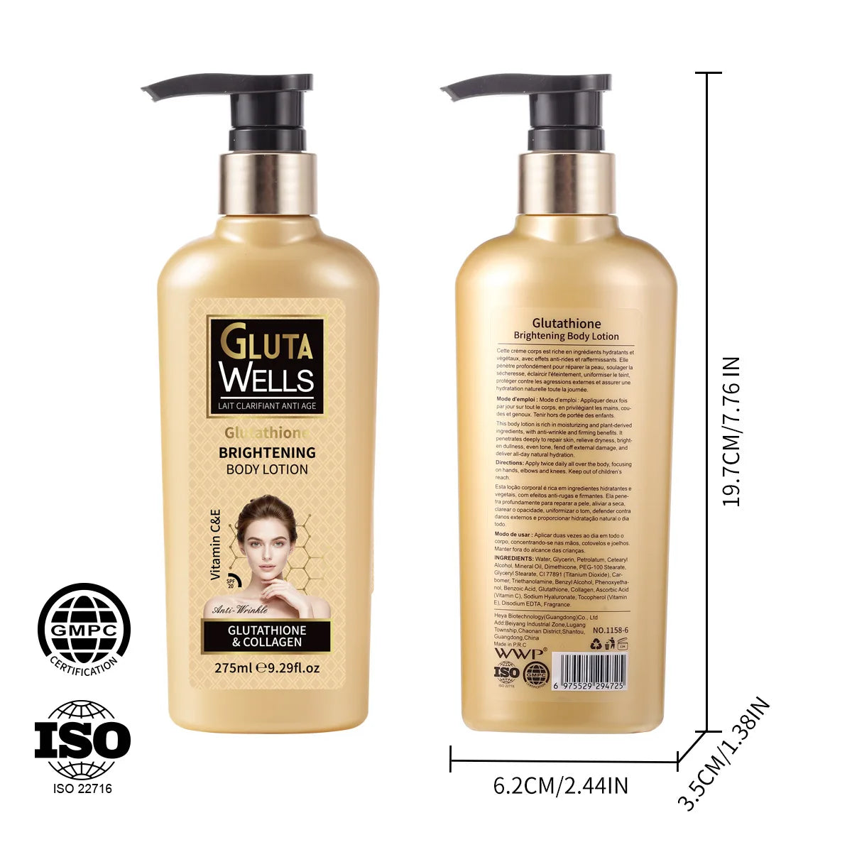 GLUTA WHITE Glutathione Body Lotion 275ml - Whitening & Moisturizing Skin Care with Collagen for Dry Skin Long Lasting Fragrance