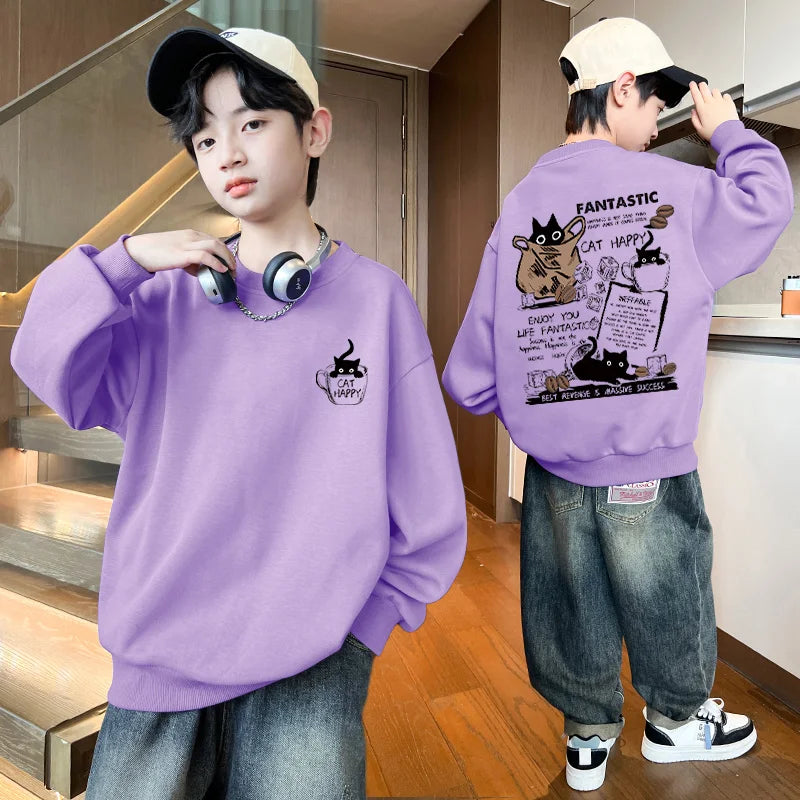 New Boys Girls Sweatshirt Pullover Autumn Korean Version Cartoon Cat Group Printed Long Sleeves T-Shirt Tops Casual Kids Clothes