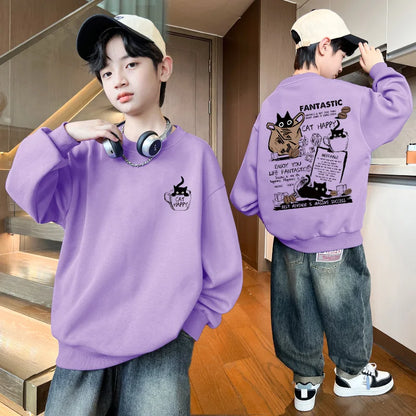 New Boys Girls Sweatshirt Pullover Autumn Korean Version Cartoon Cat Group Printed Long Sleeves T-Shirt Tops Casual Kids Clothes