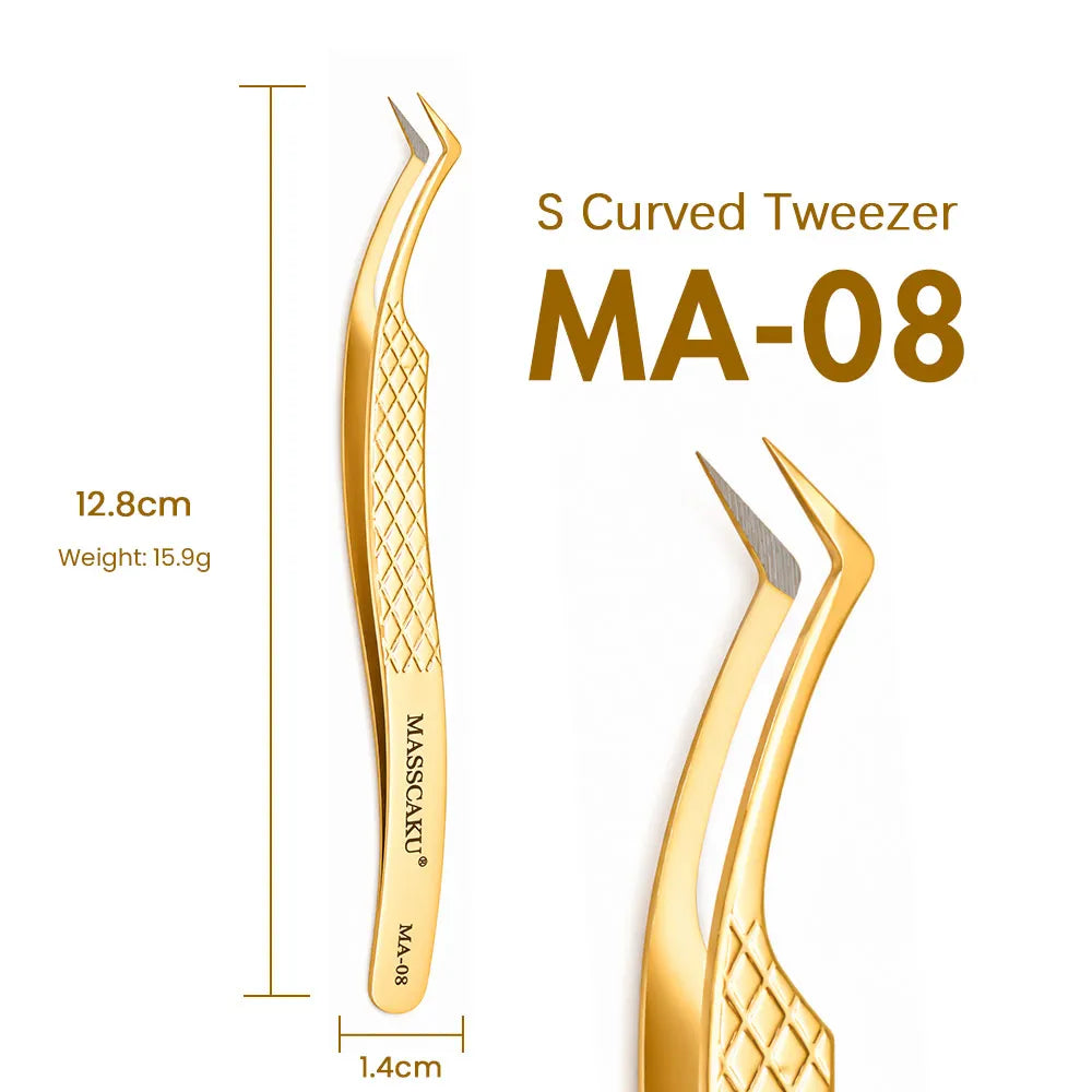 MASSCAKU Eyelash Extension Tweezers Fiber Tip Gold Stainless Steel Lash Pickup Tool for Volume Fans Classic Lash Isolation