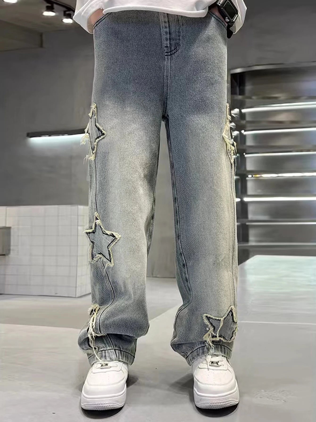 Teenage Five-Pointed Star Straight-Leg Washed Denim Jeans - Handsome, Versatile, Casual Wide-Leg Pants