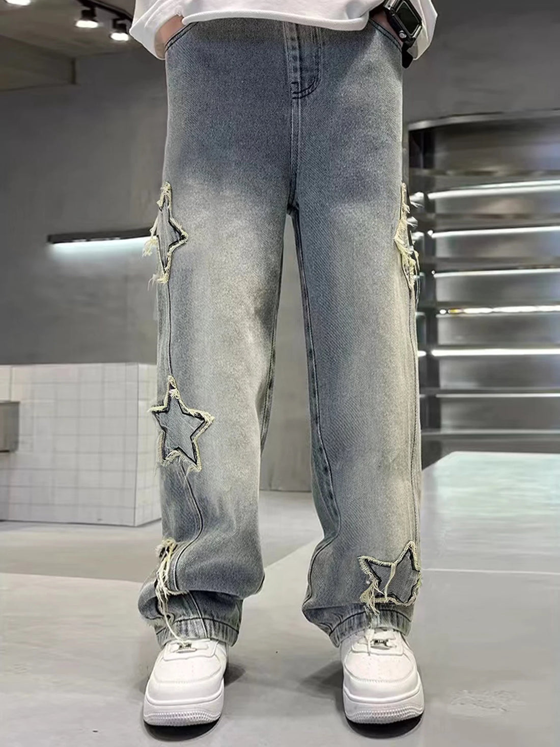 Teenage Five-Pointed Star Straight-Leg Washed Denim Jeans - Handsome, Versatile, Casual Wide-Leg Pants