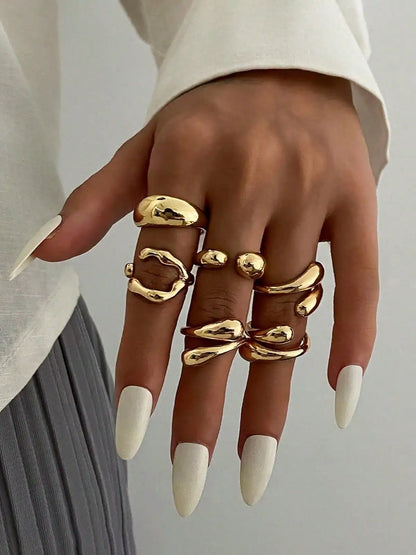 6pcs/Set Vintage Minimalist Alloy Molten Lava Teardrop Design Open Rings, Asymmetrical Fashionable Thick Metal Gold Tone Ring Se